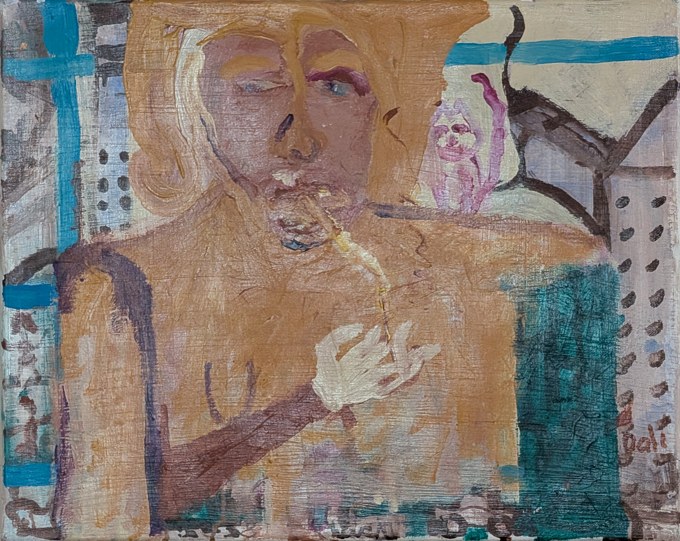 Ochre figure with a pale raised hand, turquoise bars, and a small pink figure.