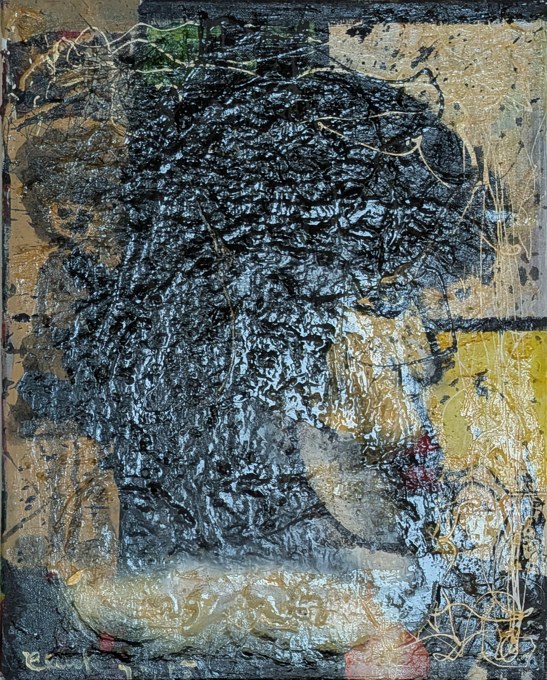 Heavily textured dark profile-like head against pale yellow and blue.