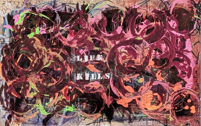 Pink, red, orange, and green loops over a black field with fragments of white lettering.