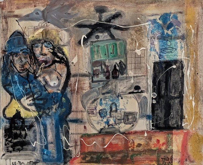 Two blue-clad figures at left beside a densely painted interior of shelves and objects.