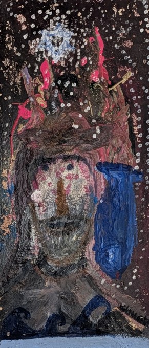 Narrow portrait with a brown crown-like form, pale face, blue patch, and white speckles.