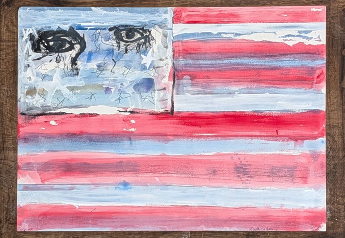 Red and pale stripes with two dark eyes in a blue-white canton.