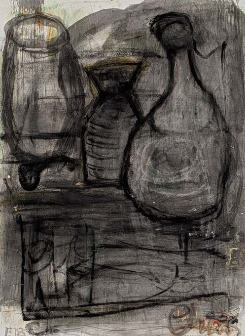 Gray and black still life with three upright vessels and a horizontal form below.