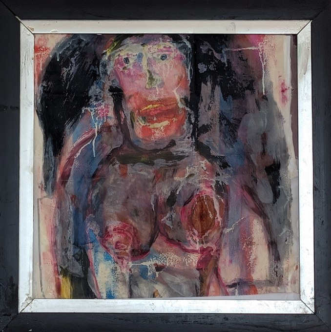 Frontal pink and purple figure with a broad red mouth against a dark ground.