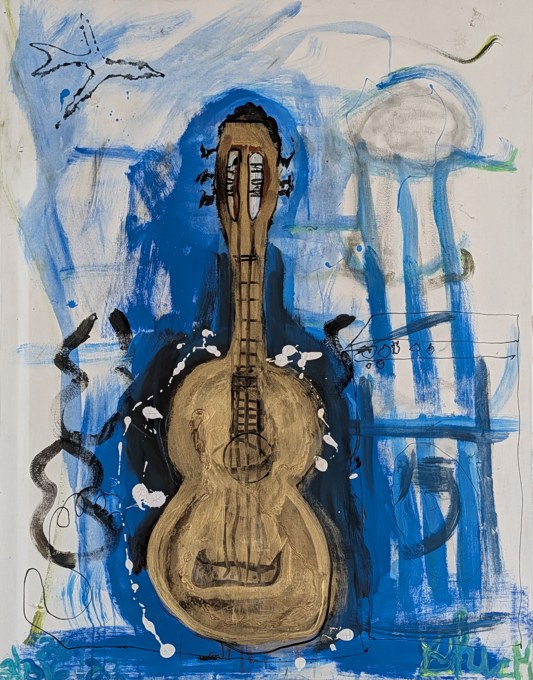 Ochre acoustic guitar upright against blue strokes and a pale chair-like outline.