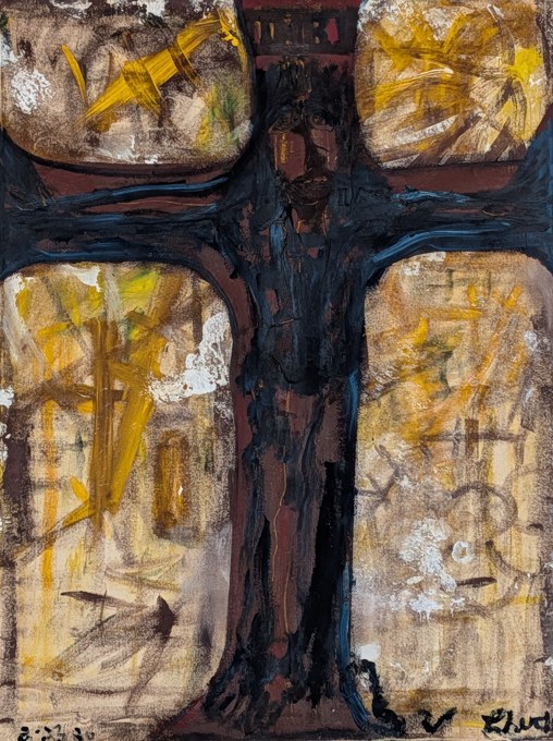 A dark cross-shaped trunk dividing four yellow and white areas.