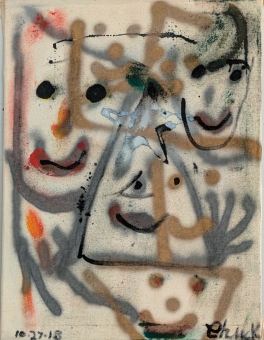 Three simple smiling faces, dots, and loose gray and brown gestures on a pale ground.