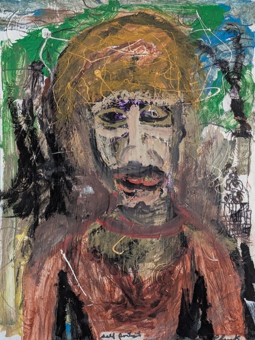 Frontal long-haired face with an ochre arch around the head and a red torso.